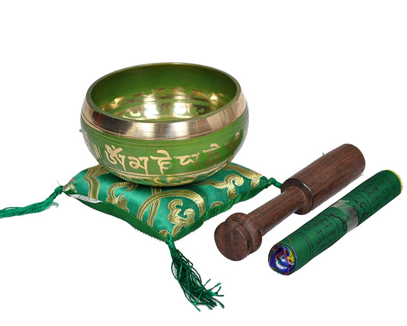 Dharma Store Tibetan Singing Bowl Set By Dharma Store - With Traditional Design Tibetan Buddhist Prayer Flag - Handmade in Nepal (Green) - Image 1